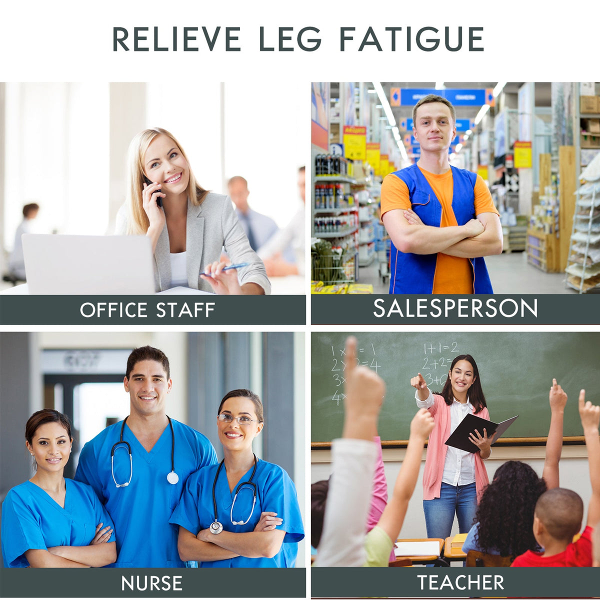 Compression sock leg-fatigue relief infographic with office and healthcare workers