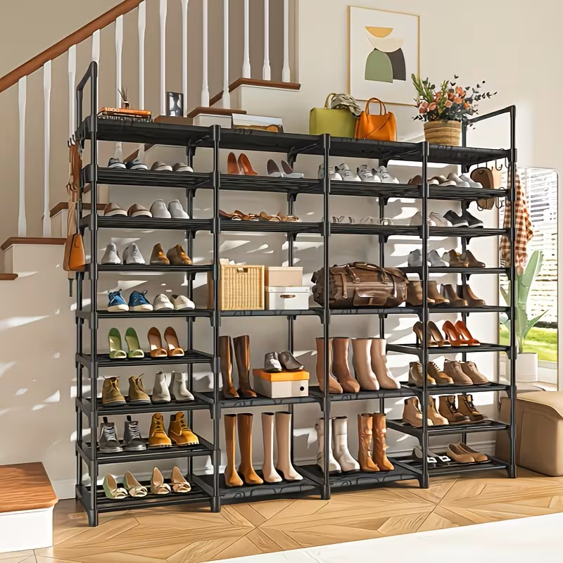 Shoe rack organizer with hooks, dark metal shelves, holds pairs of shoes