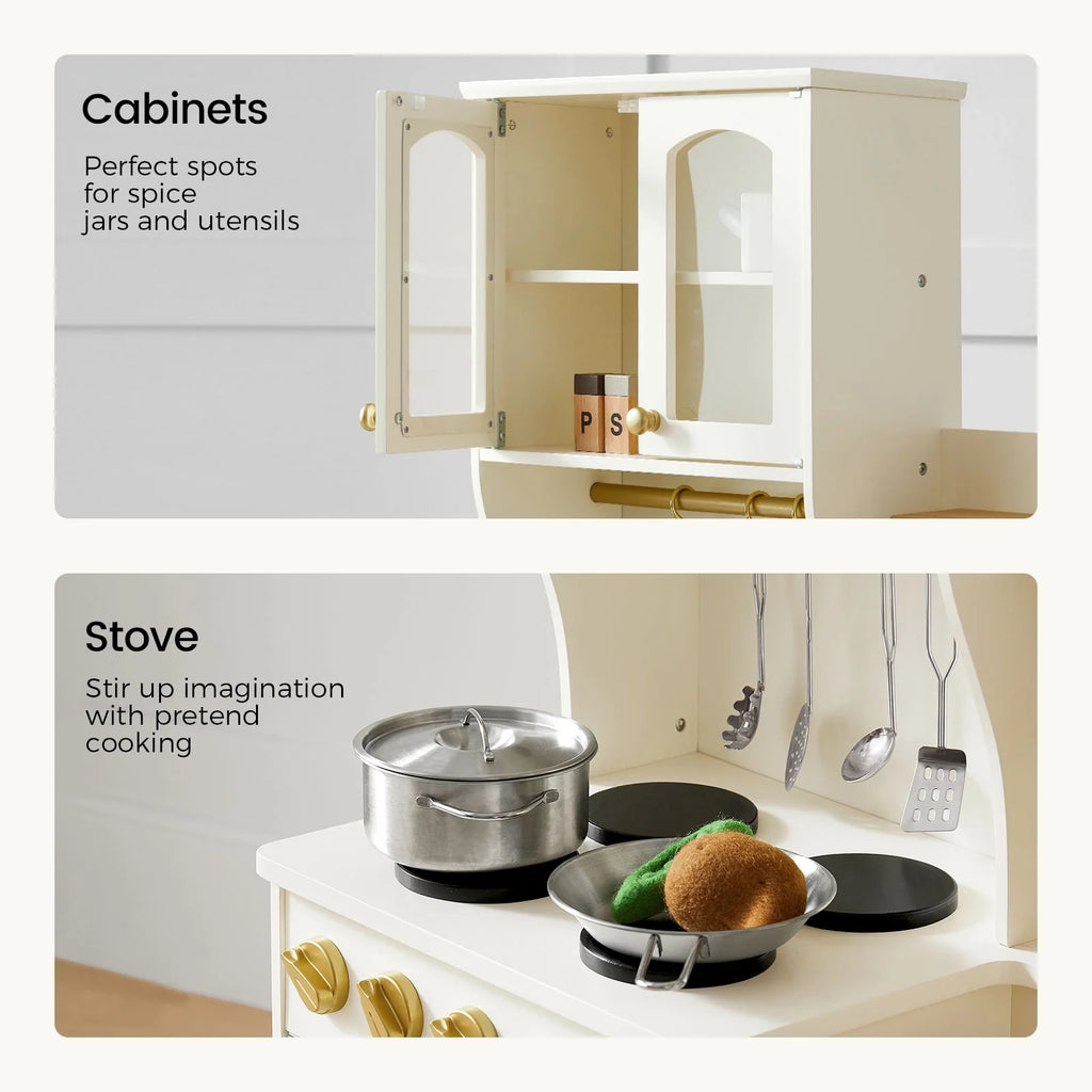 Wooden play kitchen stove and cabinet doors with toy pots, cream with gold accents