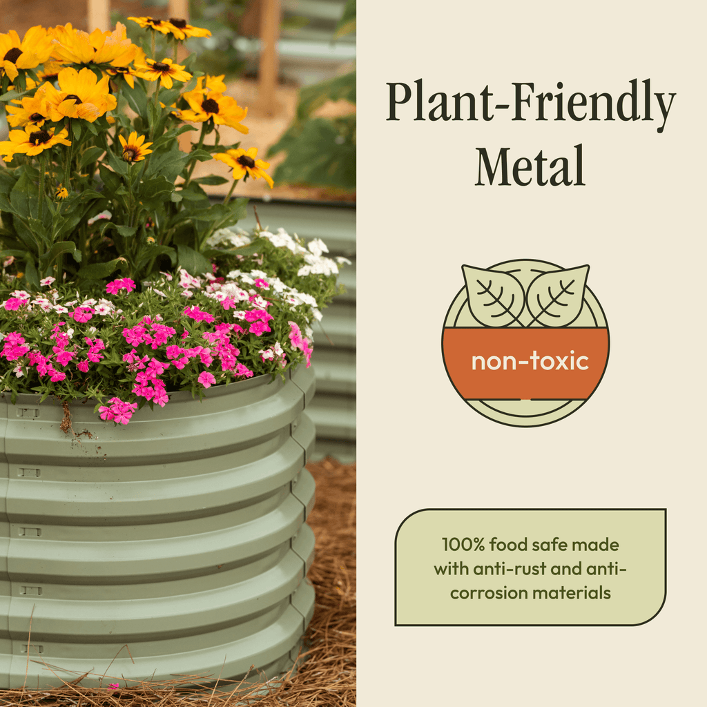 Light cream metal raised garden bed with flowering plants