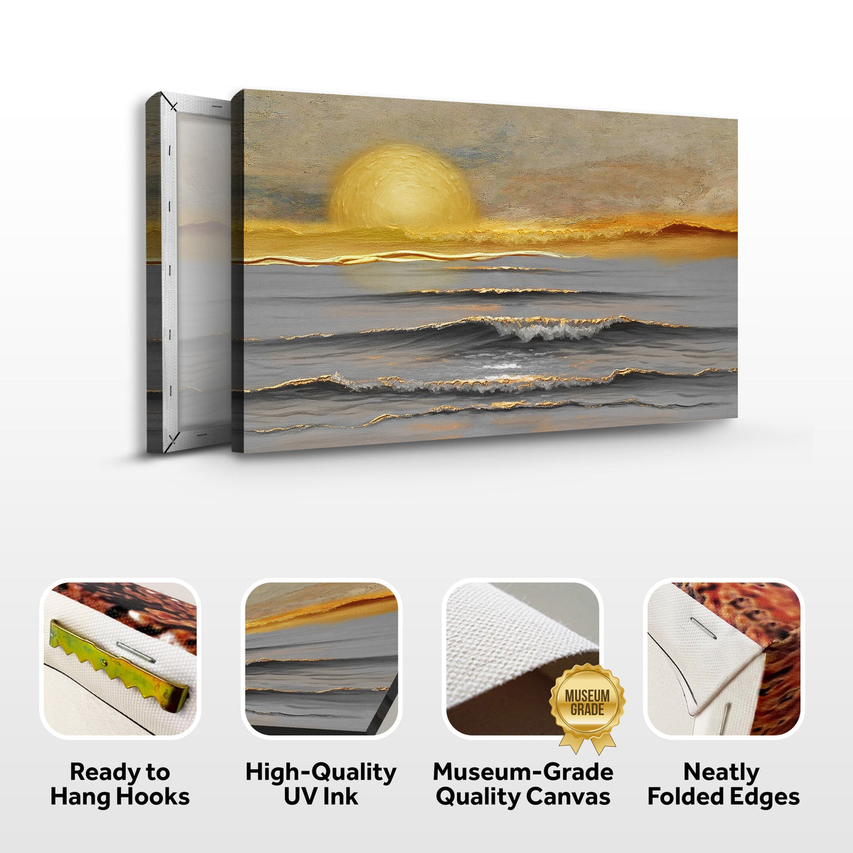 Wall art canvas shown in angled view with ready-to-hang hardware and folded edges.