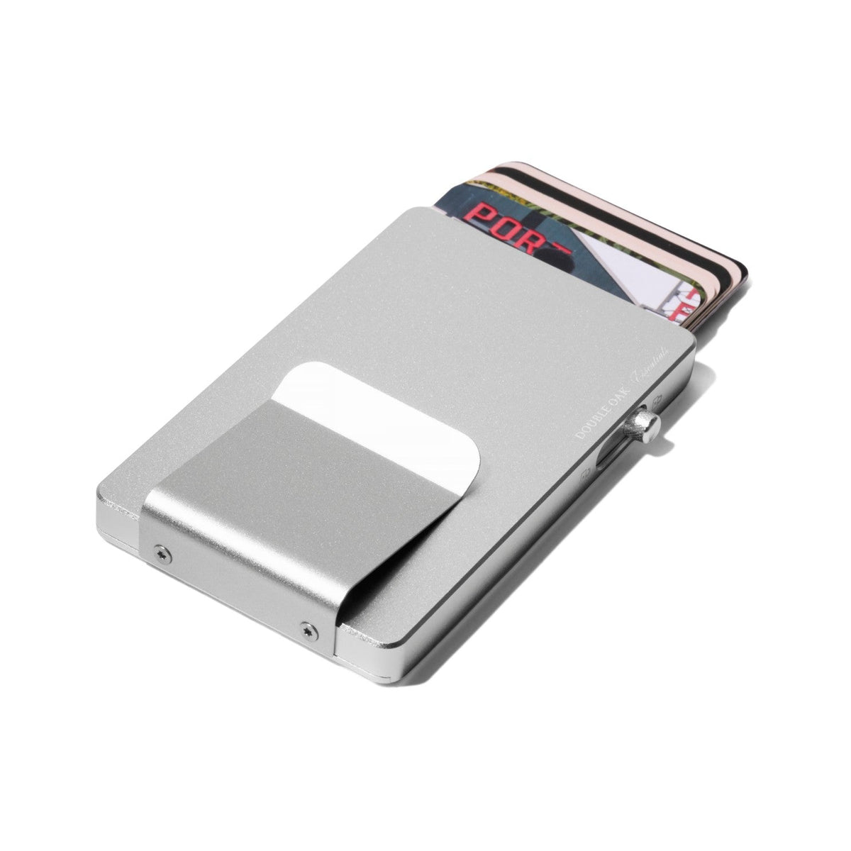Silver pop-up cardholder with hinged panel and card slot window