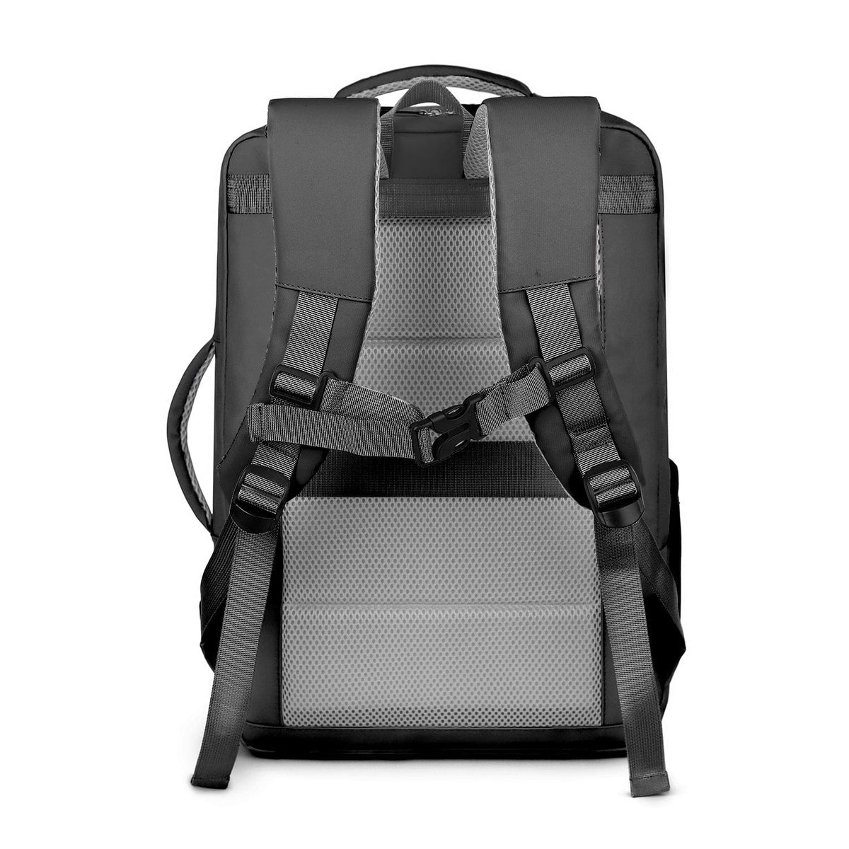 Black backpack back panel with cushioned mesh padding and adjustable shoulder harness.