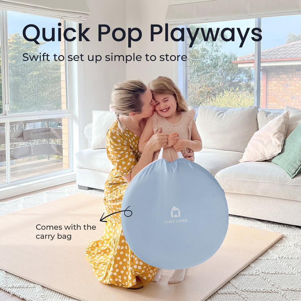 Blue play tunnel set with carry bag, shown with round tunnel piece