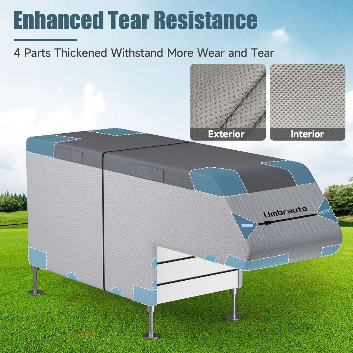Gray truck camper cover with reinforced exterior and interior tear-resistant panels