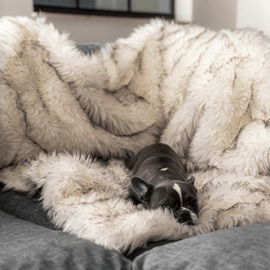 Close view of white faux-fur waterproof throw blanket with deep shag fibers