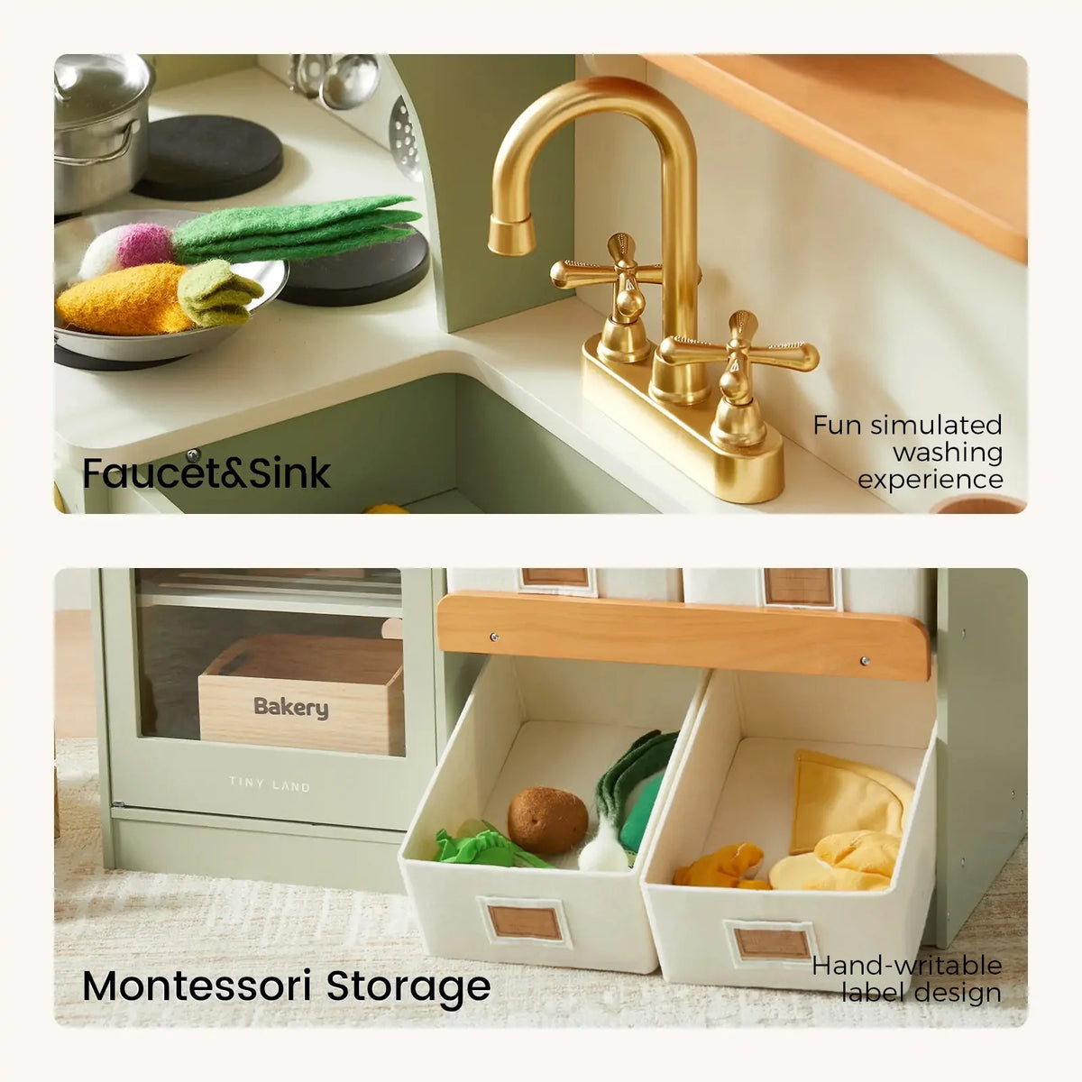 Sage green kids play kitchen faucet and stovetop with toy cookware