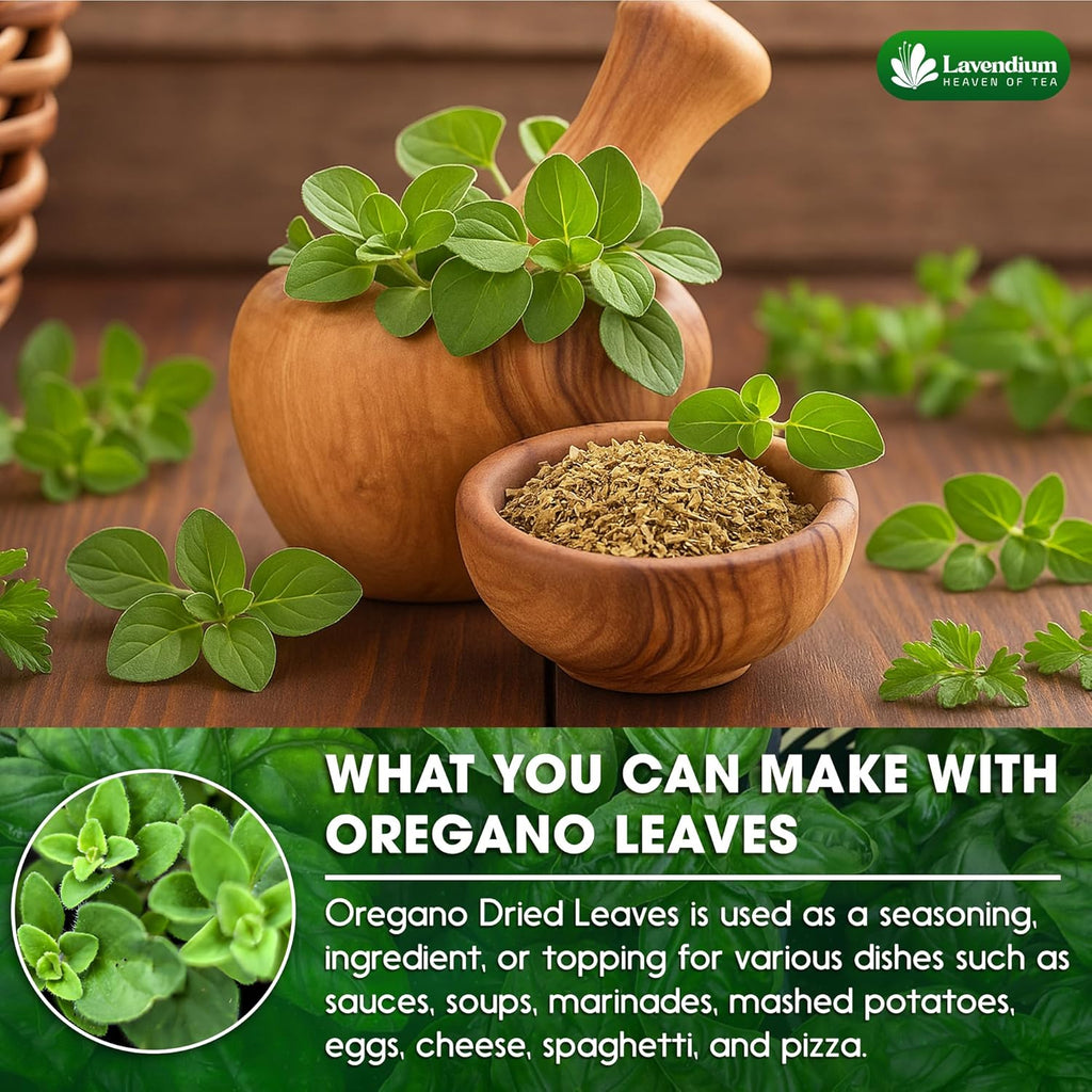 Wooden pot and bowl with dried oregano leaves and fresh sprigs