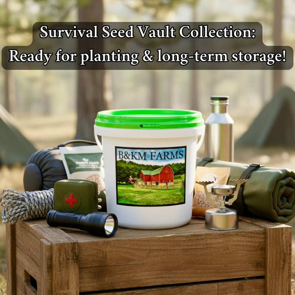 Survival seed vault collection with green-lid bucket and gardening supplies on a wooden crate