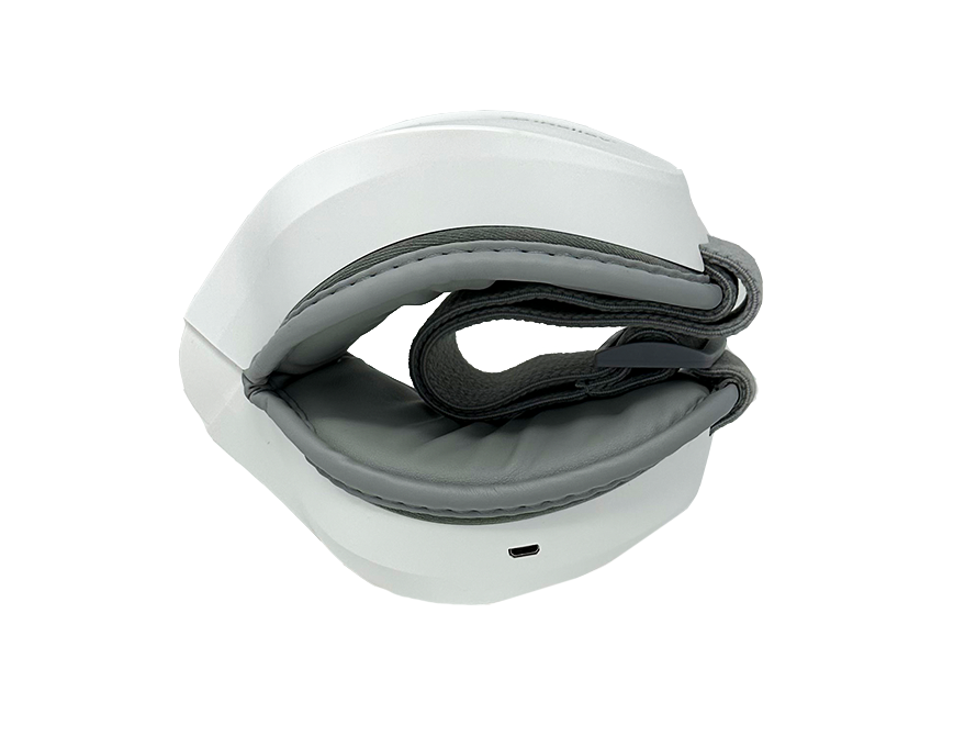 Heated eye massager folded case with gray padded pads and strap