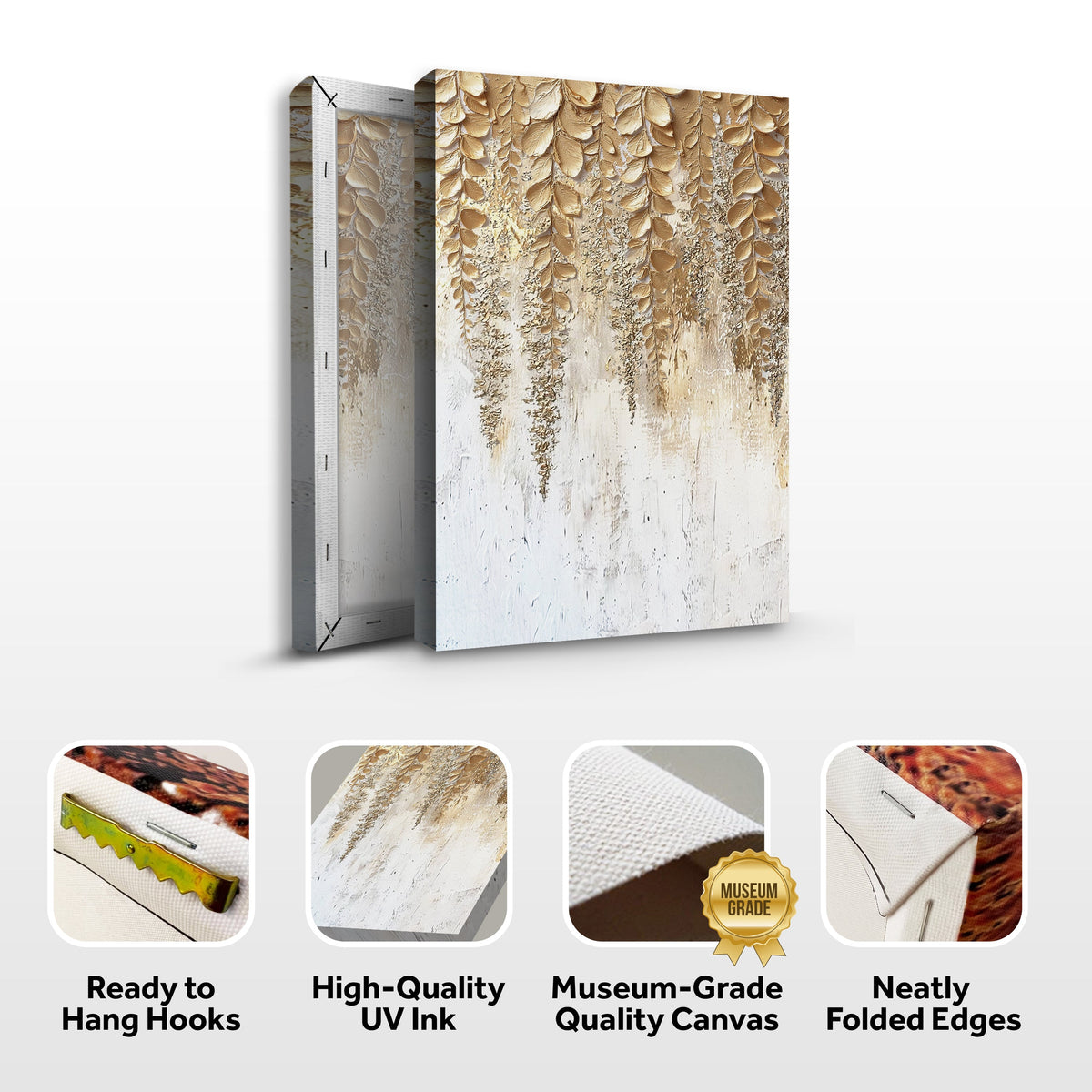 Gold botanical wall art canvas, folded edges shown with accessory icons