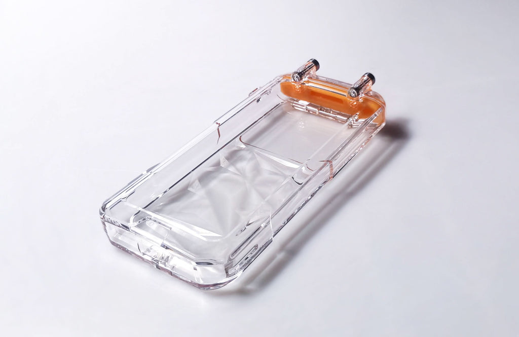 Clear waterproof phone case tray with orange hinge-style top seal