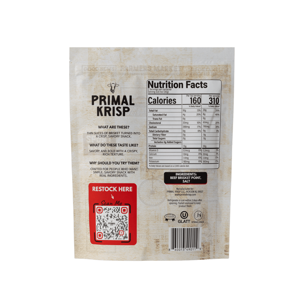 2nd cut brisket meat chips pouch back panel with Nutrition Facts and ingredients