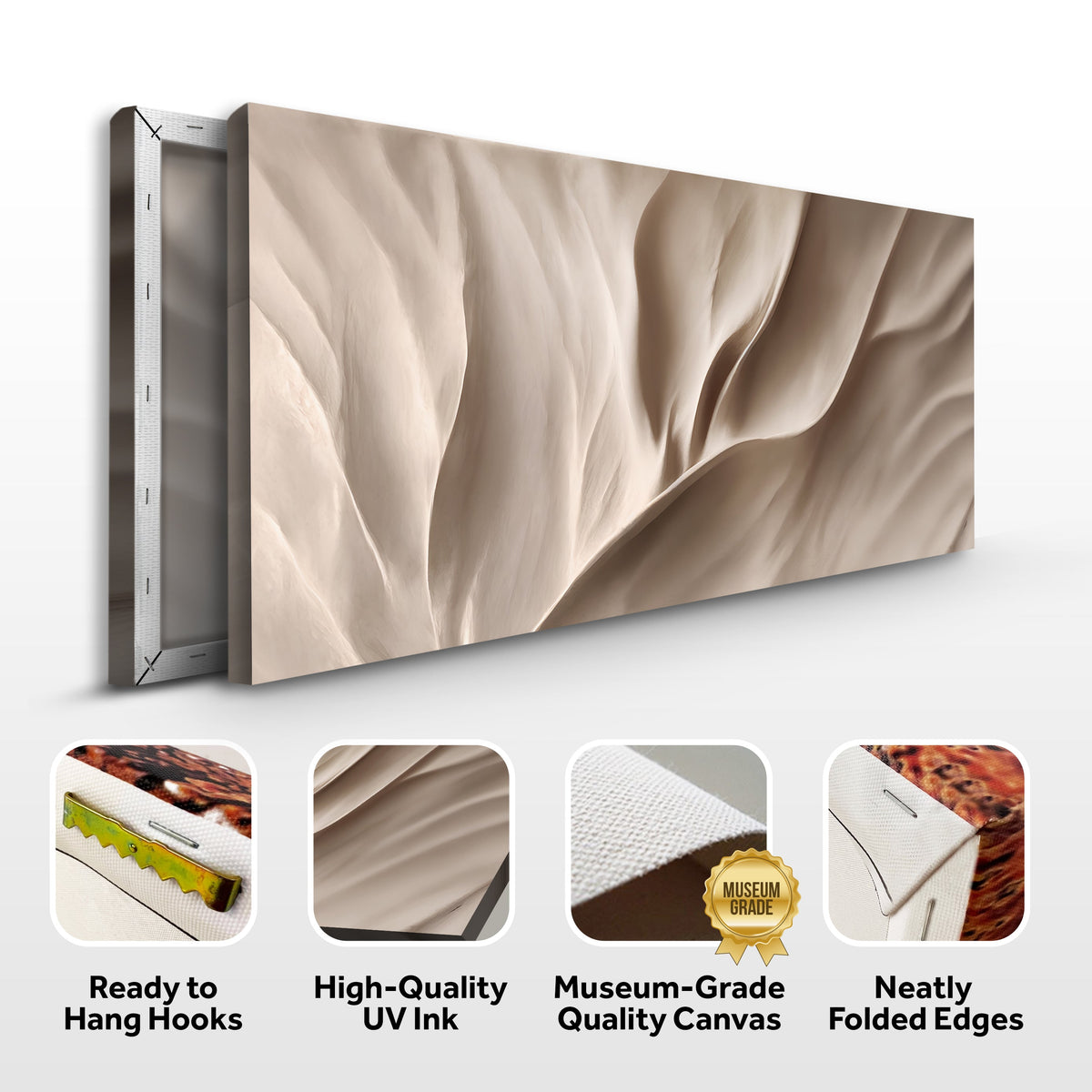 Beige abstract wave wall art with stretched canvas frame and hanging hardware