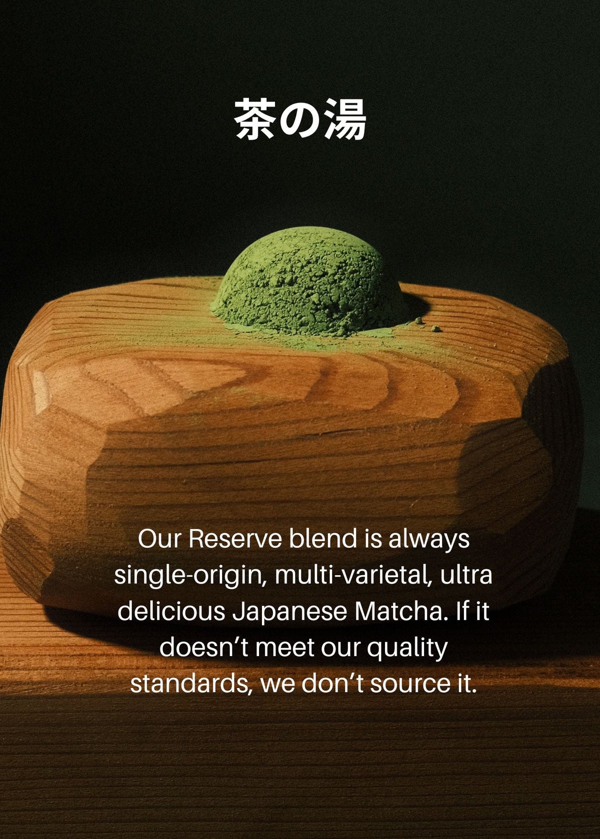 Mound of bright green matcha powder on a wooden board