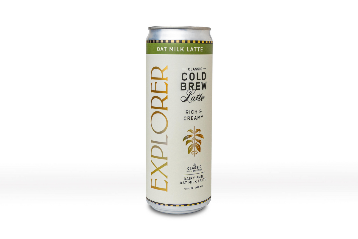 Cold Brew Oat Latte can front with 'Classic' and gold oat latte graphics