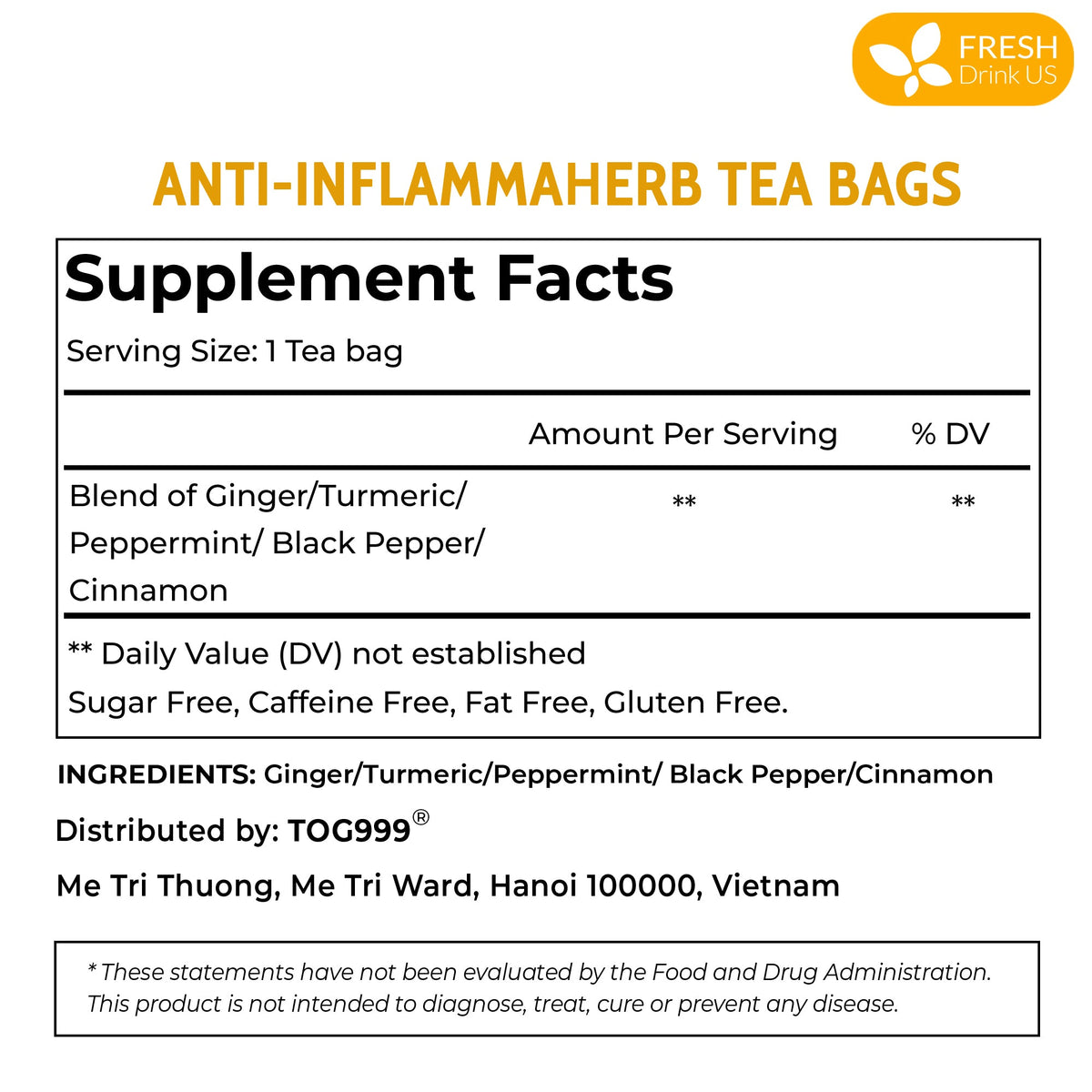 Supplement facts label for herbal anti-inflammatory tea bags on a white card