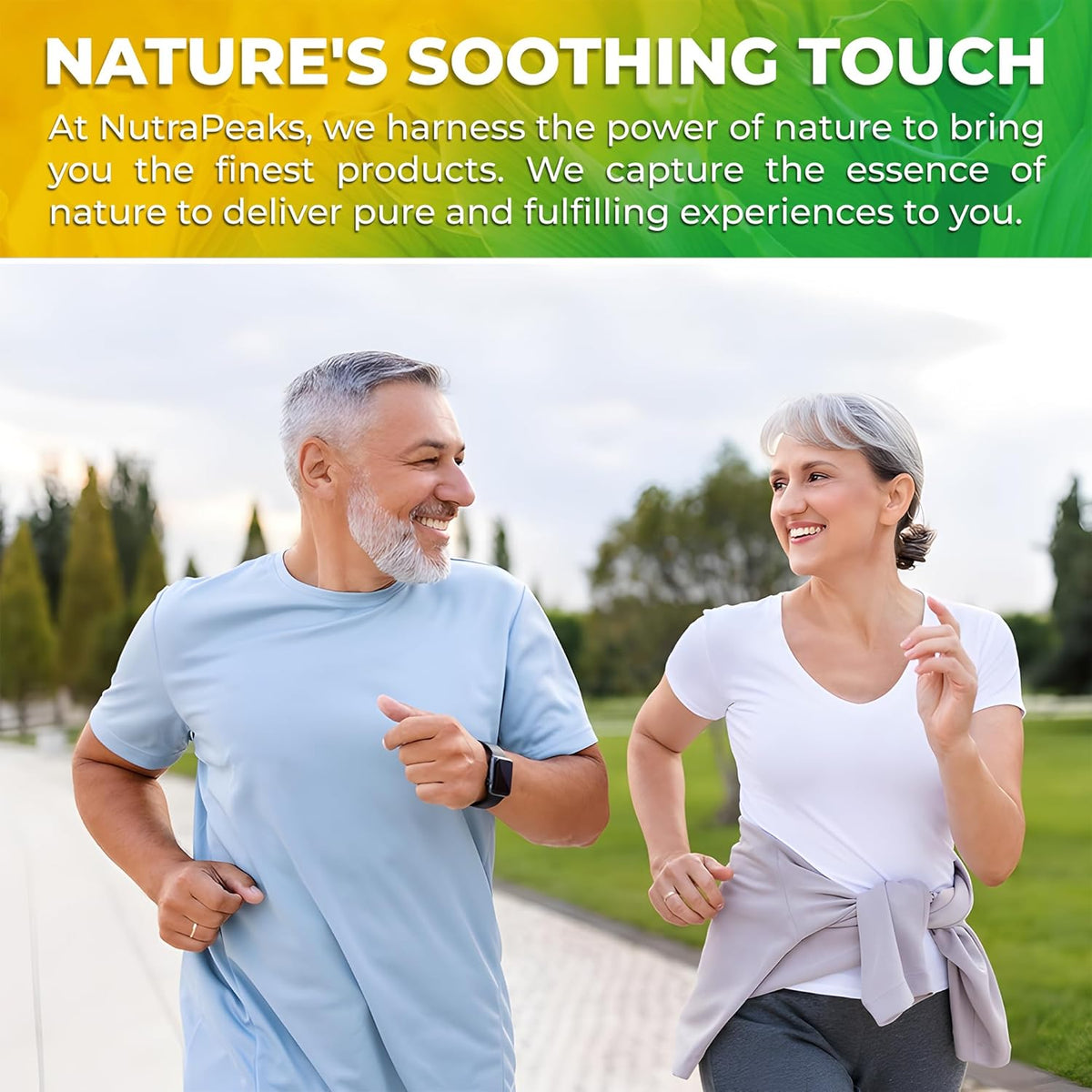 NutraPeaks wellness lifestyle image with smiling couple jogging outdoors.