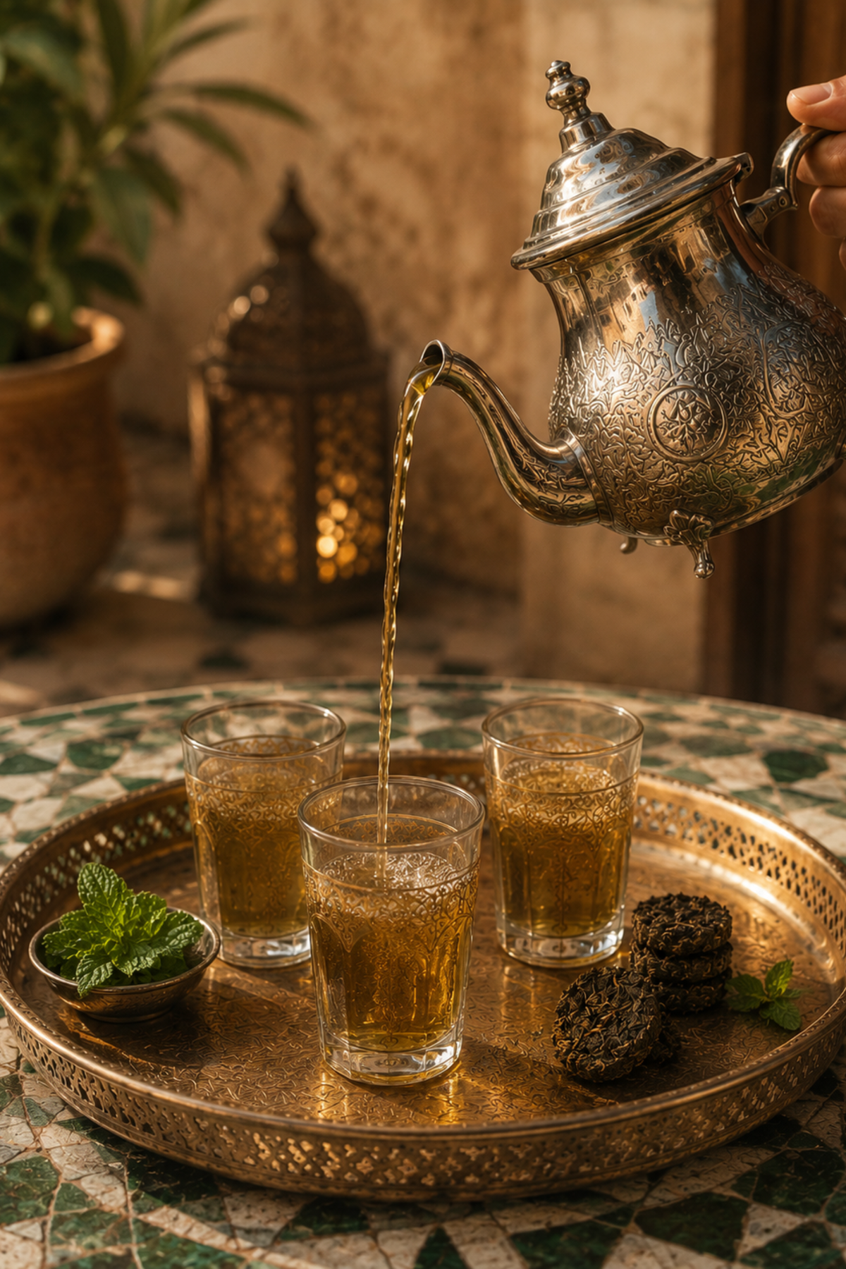 Moroccan mint tea poured into three glasses from an ornate teapot, with mint leaves and tea discs