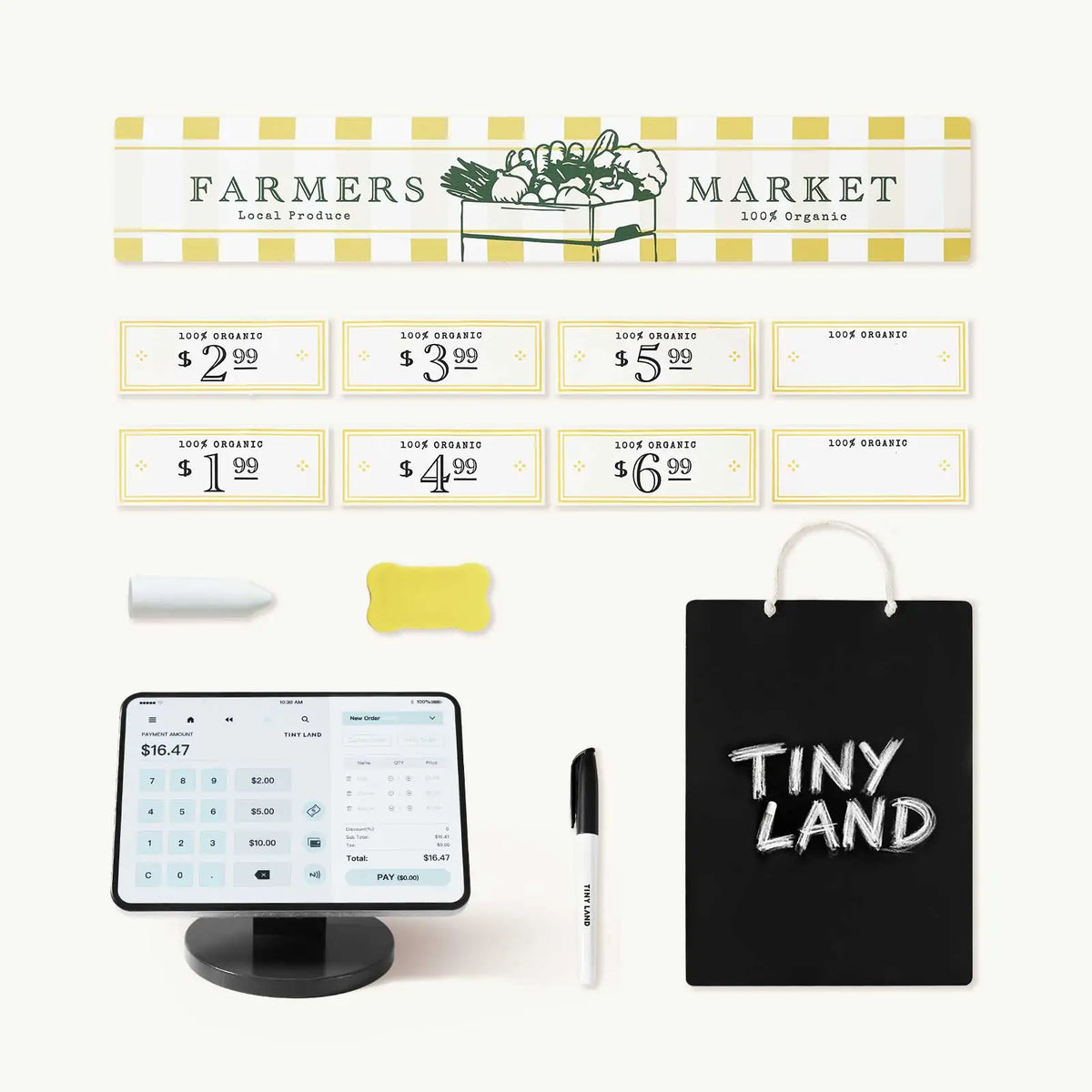 Tiny Land® grocery store playset accessories: Farmers Market sign, tablet, pen, TINY LAND bag