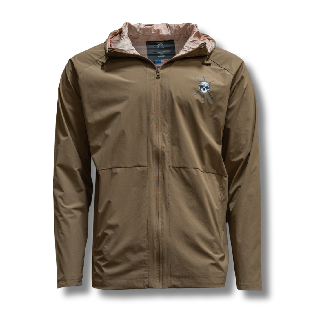 Men's olive Journey jacket with full zip, hood, and chest logo patch