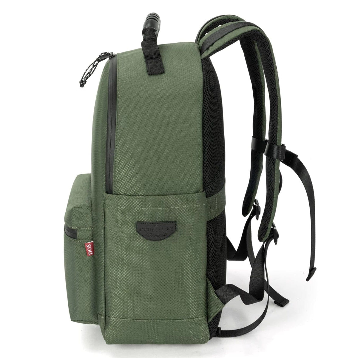 Green fabric backpack with side pocket, top handle, and padded adjustable shoulder straps