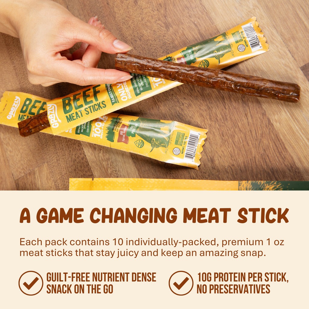Beef meat sticks held with yellow packages underneath