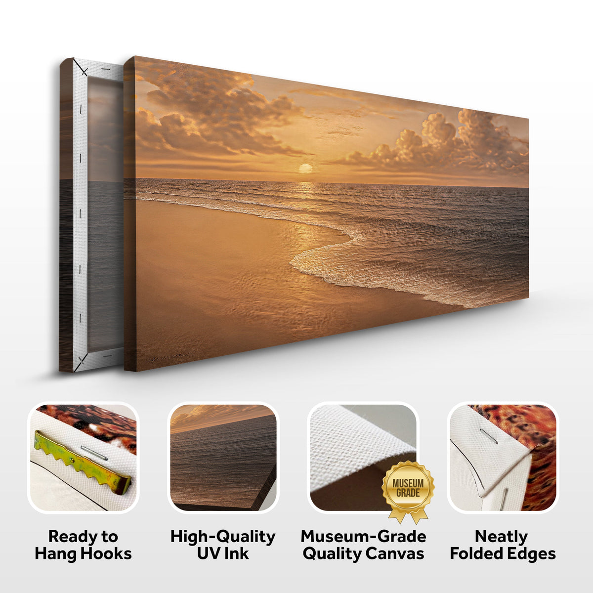 Rolled beach shoreline canvas wall art with golden sunset sky and ocean waves
