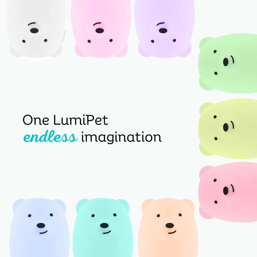 Assorted glowing bear night lights in pink, purple, green, and blue tones
