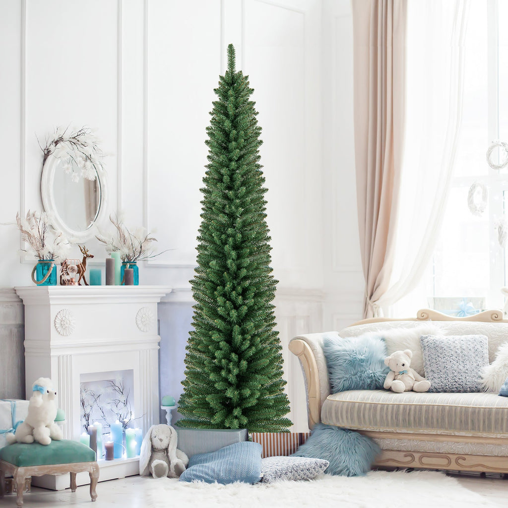 Tall artificial green pencil Christmas tree with full branches and metal base stand
