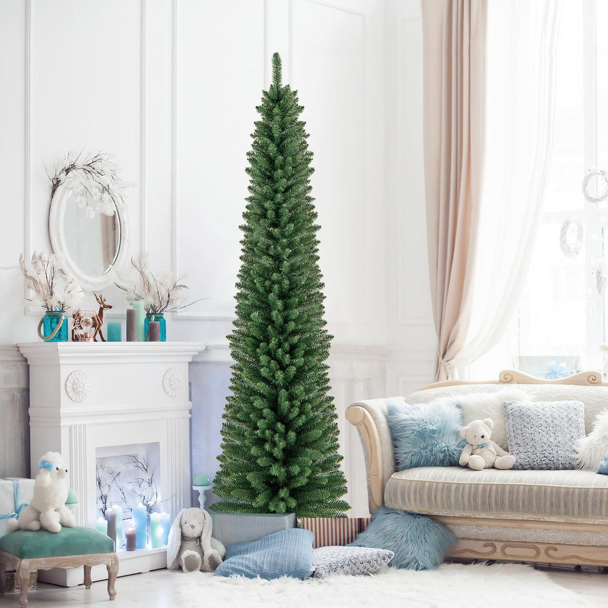 Tall artificial green pencil Christmas tree with full branches and metal base stand