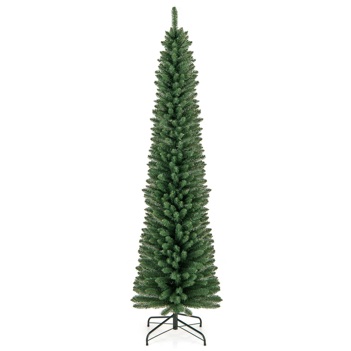 Artificial green pencil Christmas tree standing with three-legged metal stand