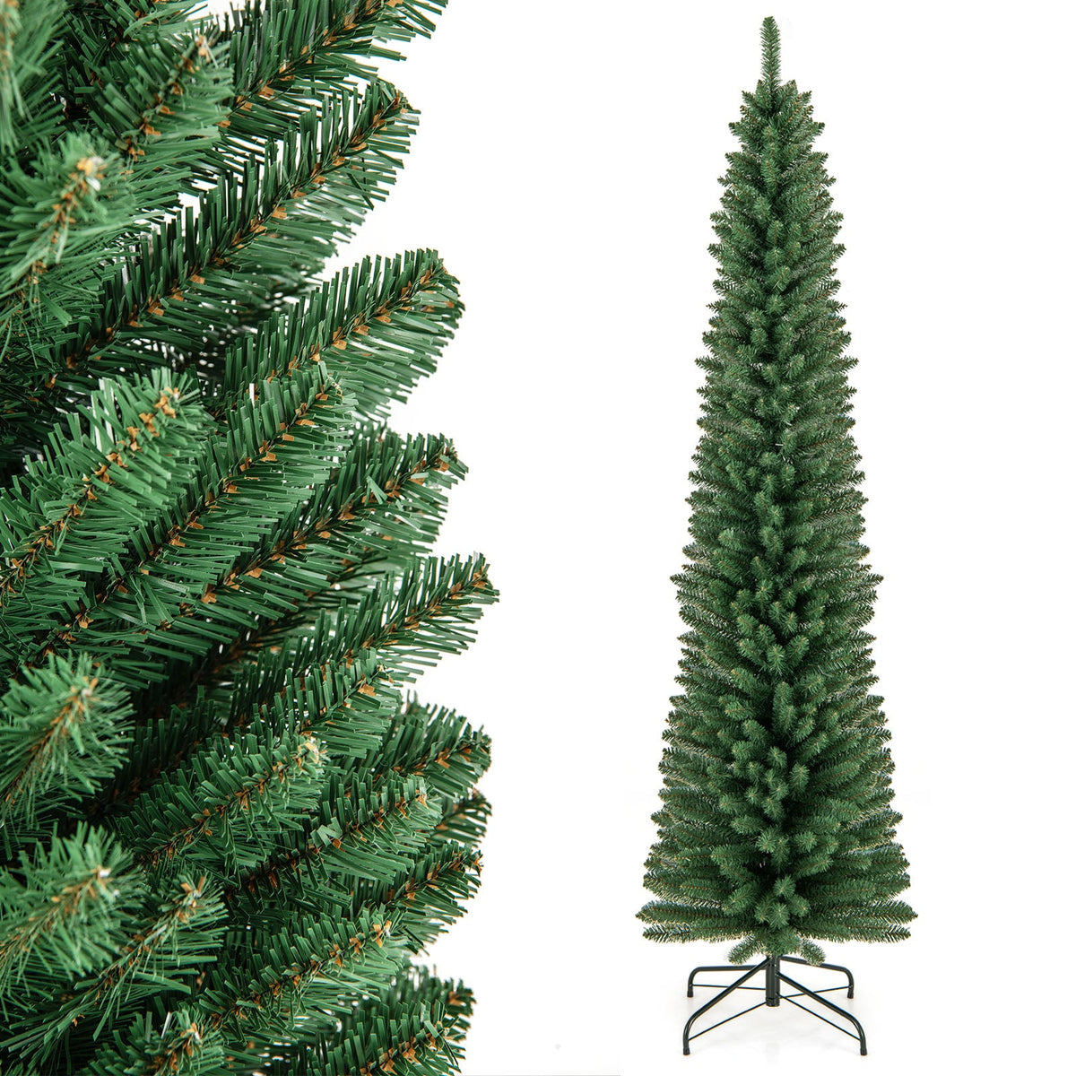 Artificial green pencil Christmas tree with dense branches and metal stand