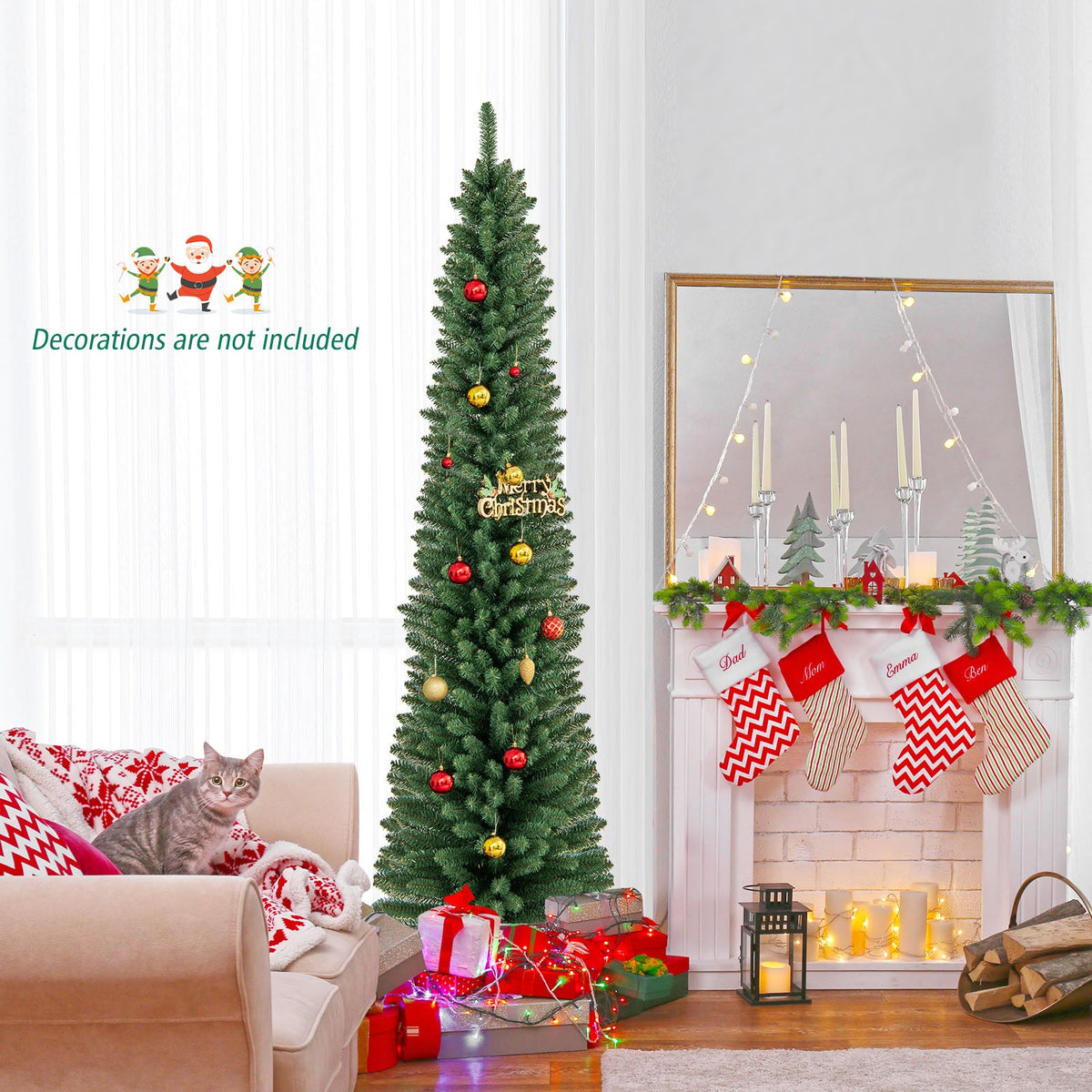 Decorated artificial green pencil Christmas tree with ornaments and metal stand