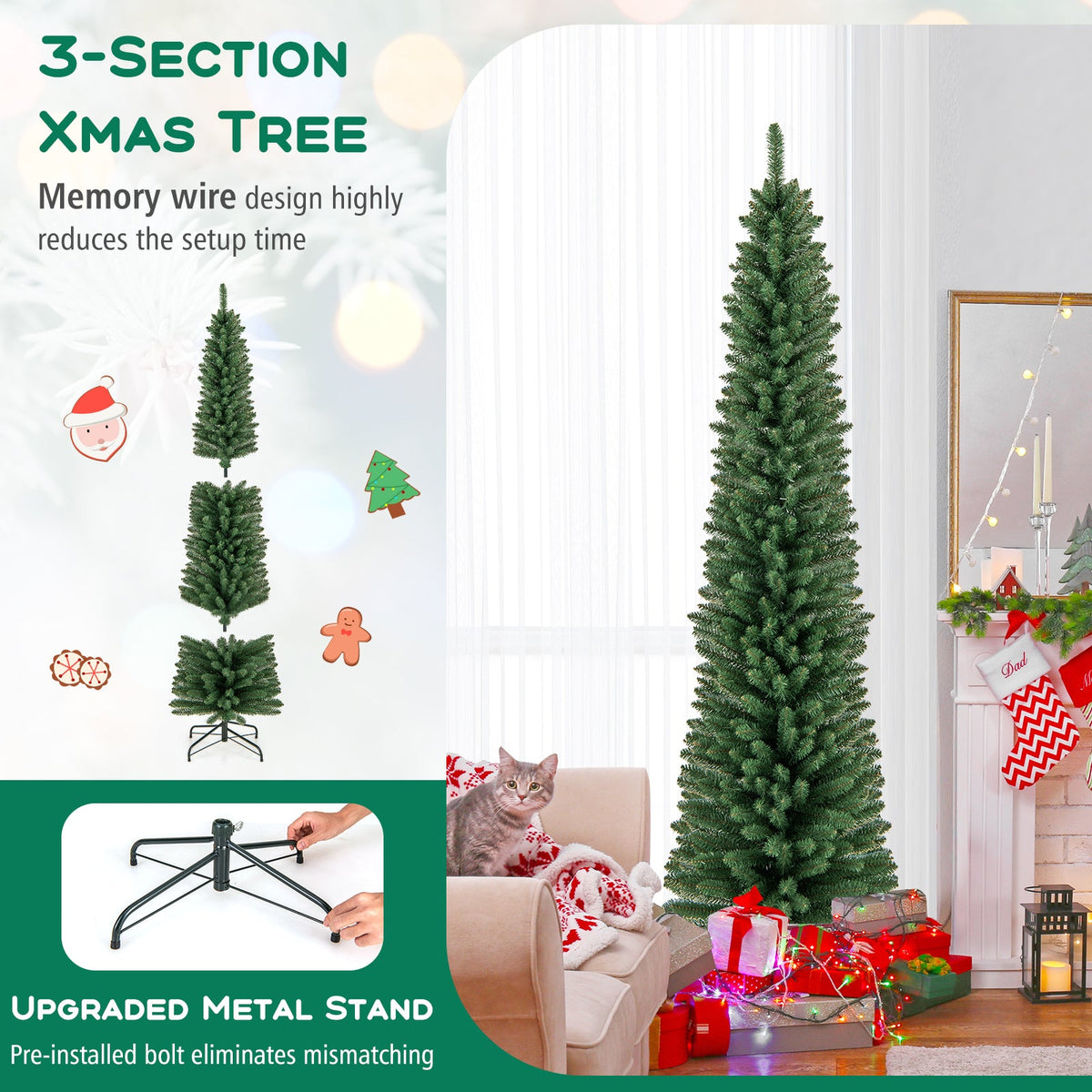 Artificial green pencil Christmas tree with metal stand in living room setting