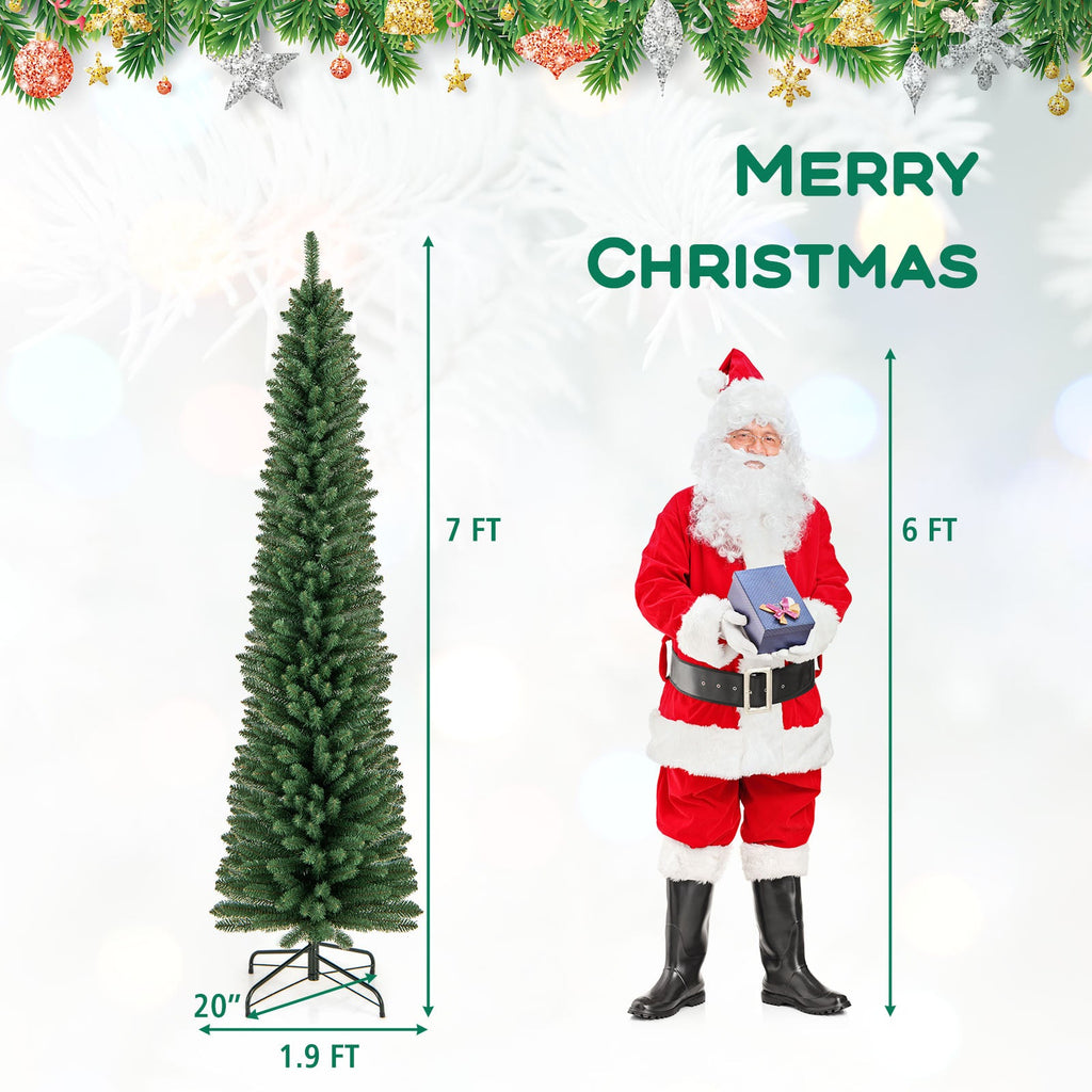 Artificial green pencil Christmas tree on metal stand with height comparison graphic