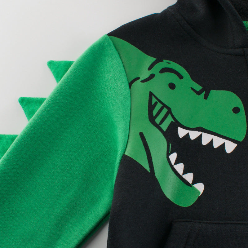 Green and black children's zip hoodie sweater with large green dinosaur face graphic