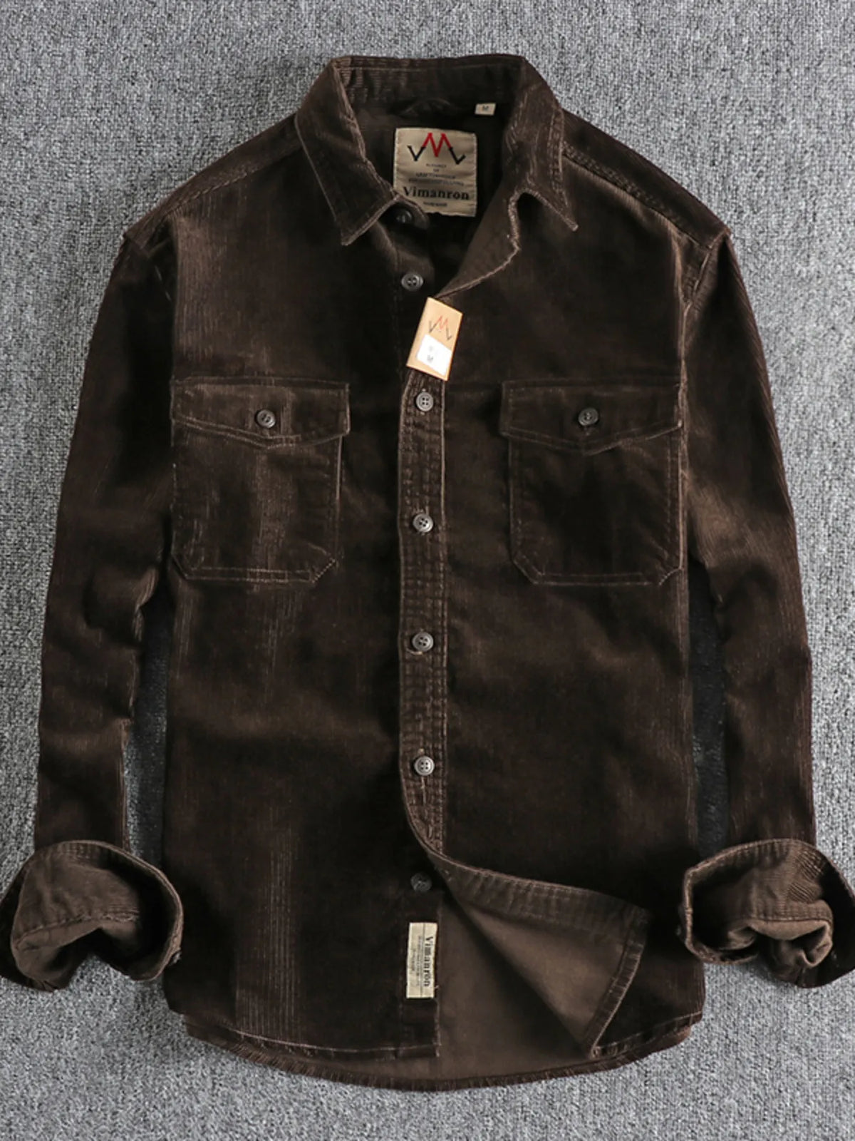 Men’s plus size corduroy long-sleeve button-up shirt, dark brown with two chest pockets