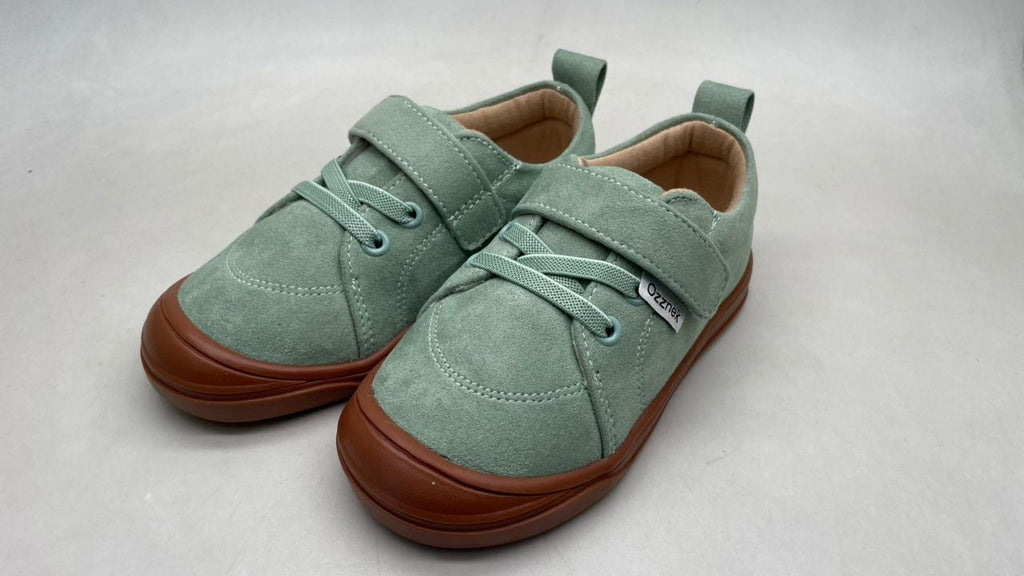Kids mint-green lace-up barefoot sneakers with brown rubber sole, top angle