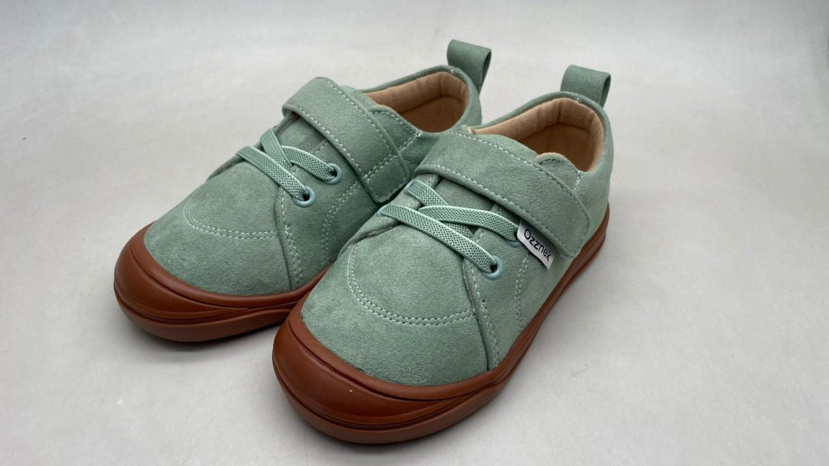 Kids mint-green lace-up barefoot sneakers with brown rubber sole, top angle