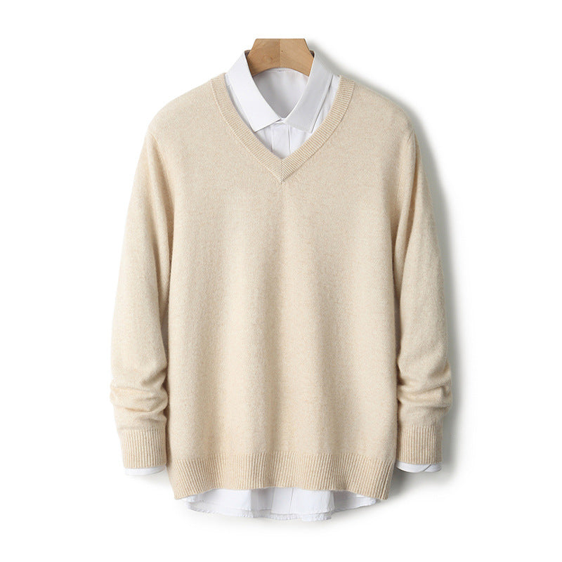 Beige V-neck cashmere sweater with ribbed cuffs and hem, loose knit
