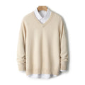 Beige V-neck cashmere sweater with ribbed cuffs and hem, loose knit