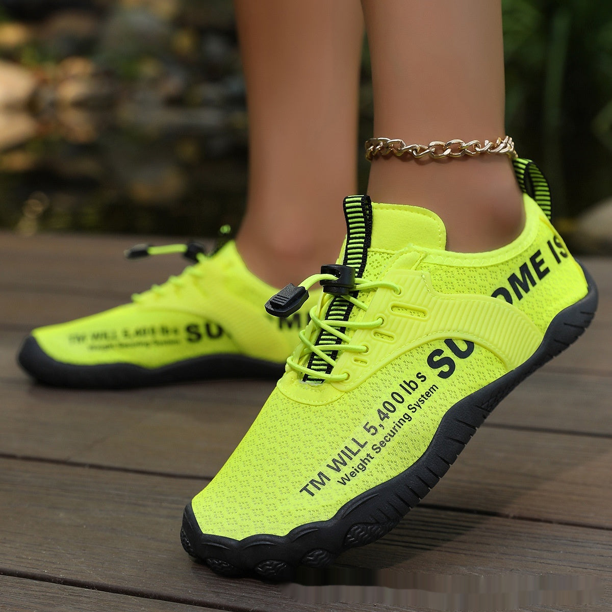 Neon lime lace-up water shoe with thick sole and ankle chain strap