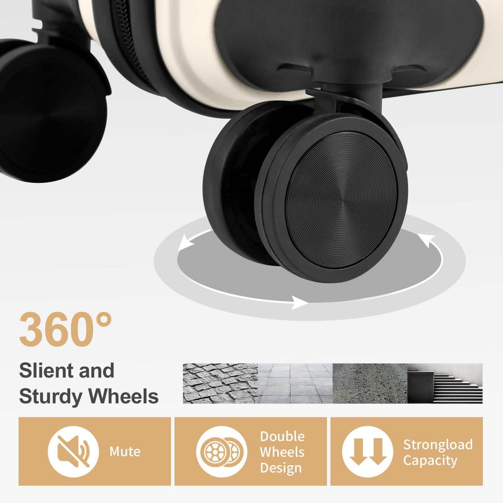 Close-up of dark spinner suitcase wheels with smooth rolling double-wheel design