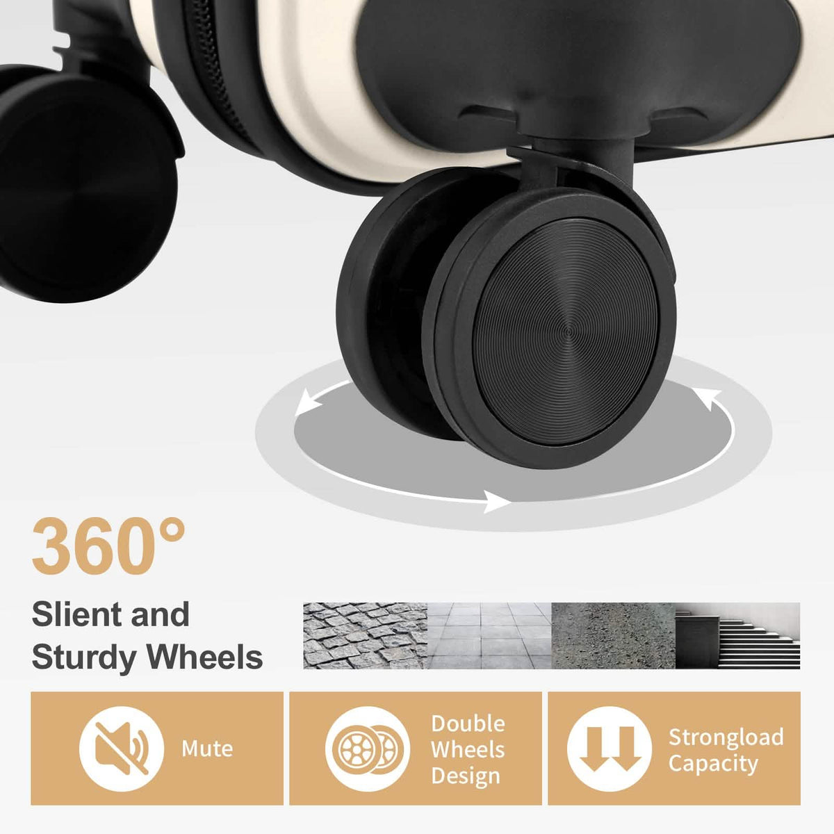 Close-up of dark spinner suitcase wheels with smooth rolling double-wheel design