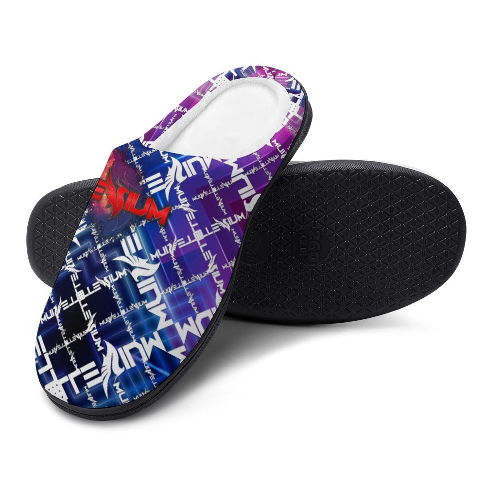 Cotton slippers with purple-blue logo print, white lining, and textured black outsole