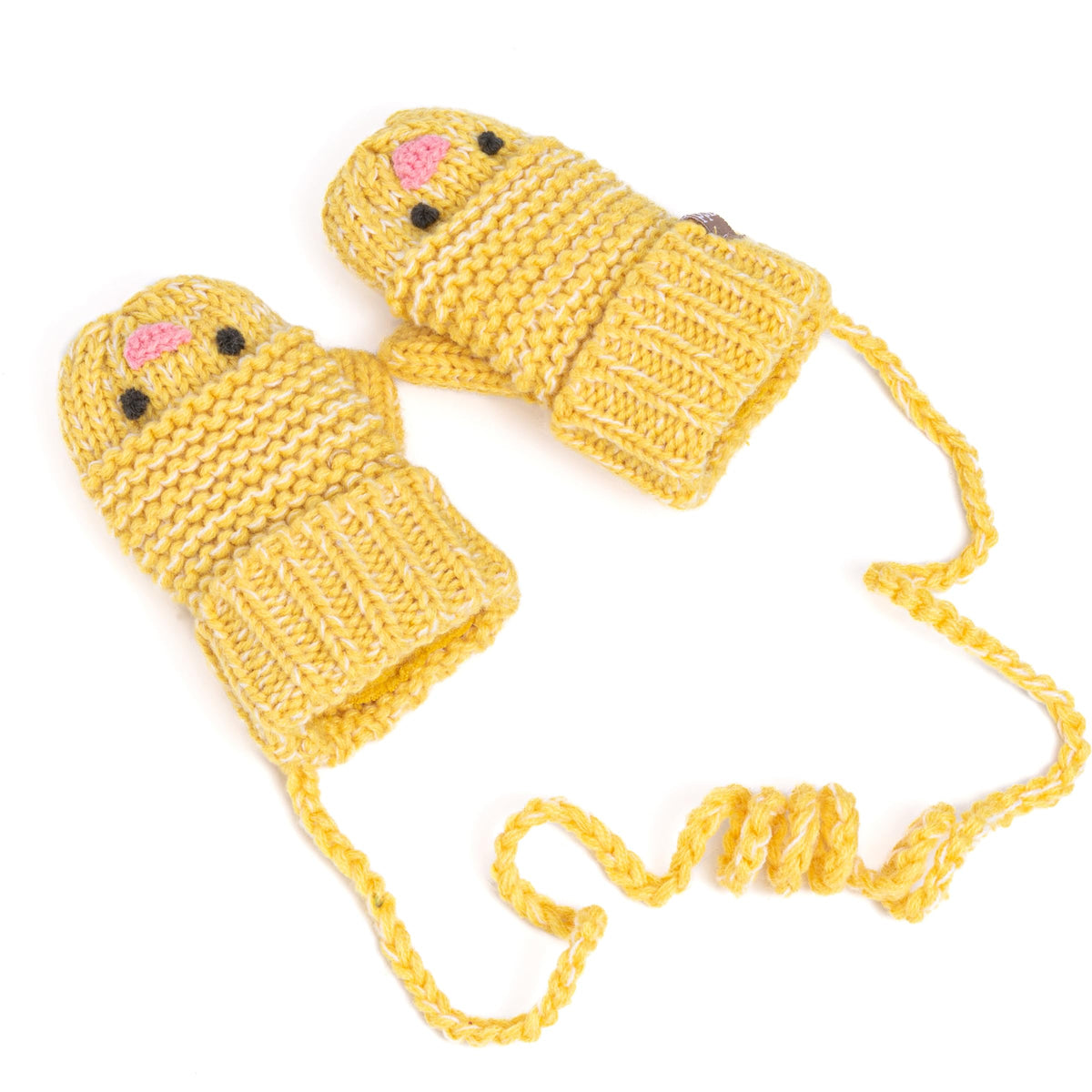 Pair of yellow knit chick mittens with pink beaks, black eyes, and cord ties