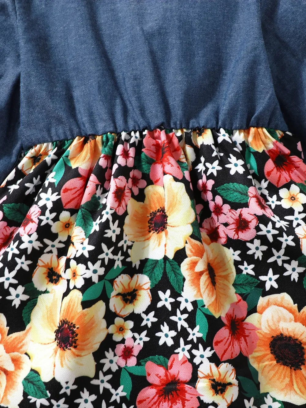 Girls floral ruffle skirt under denim bodice