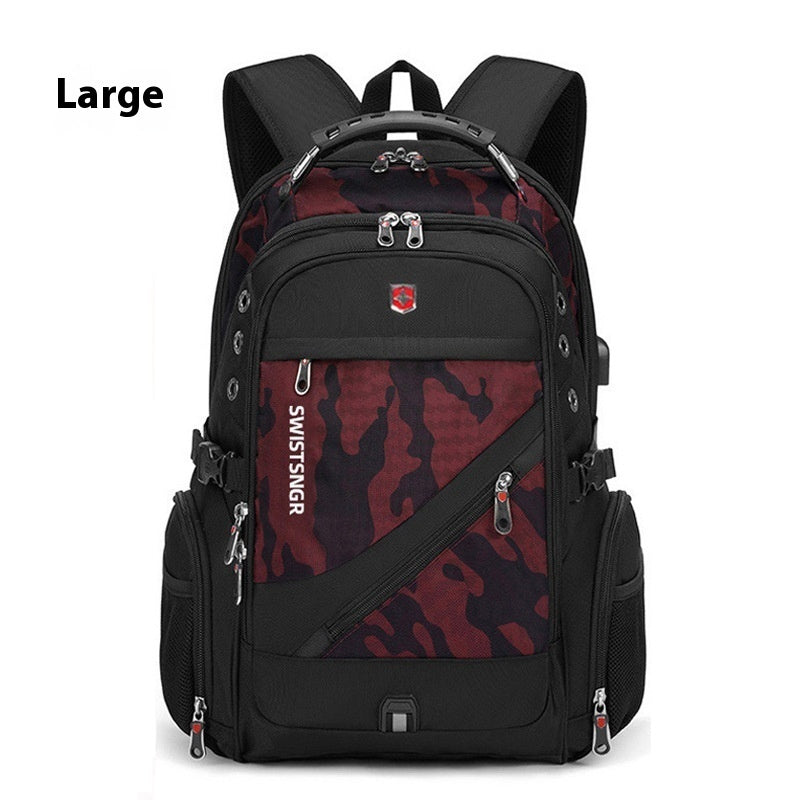 Black backpack with red camouflage front panel, front zip pocket, padded shoulder straps