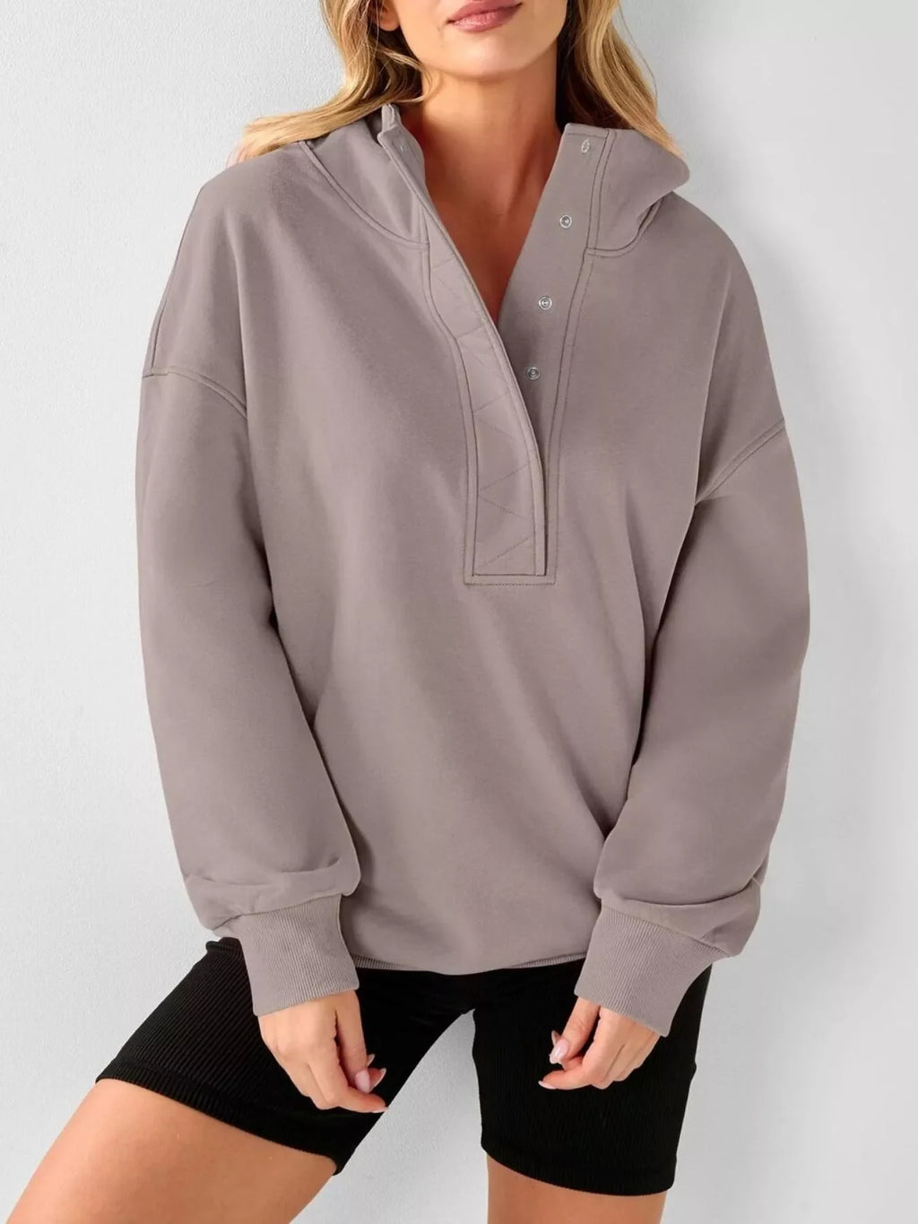 Taupe khaki half-snap pullover hoodie with hood and front pocket